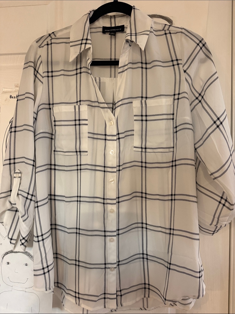 Fortune + Ivy White and Black Plaid Button-Down Dress Shirt size lg